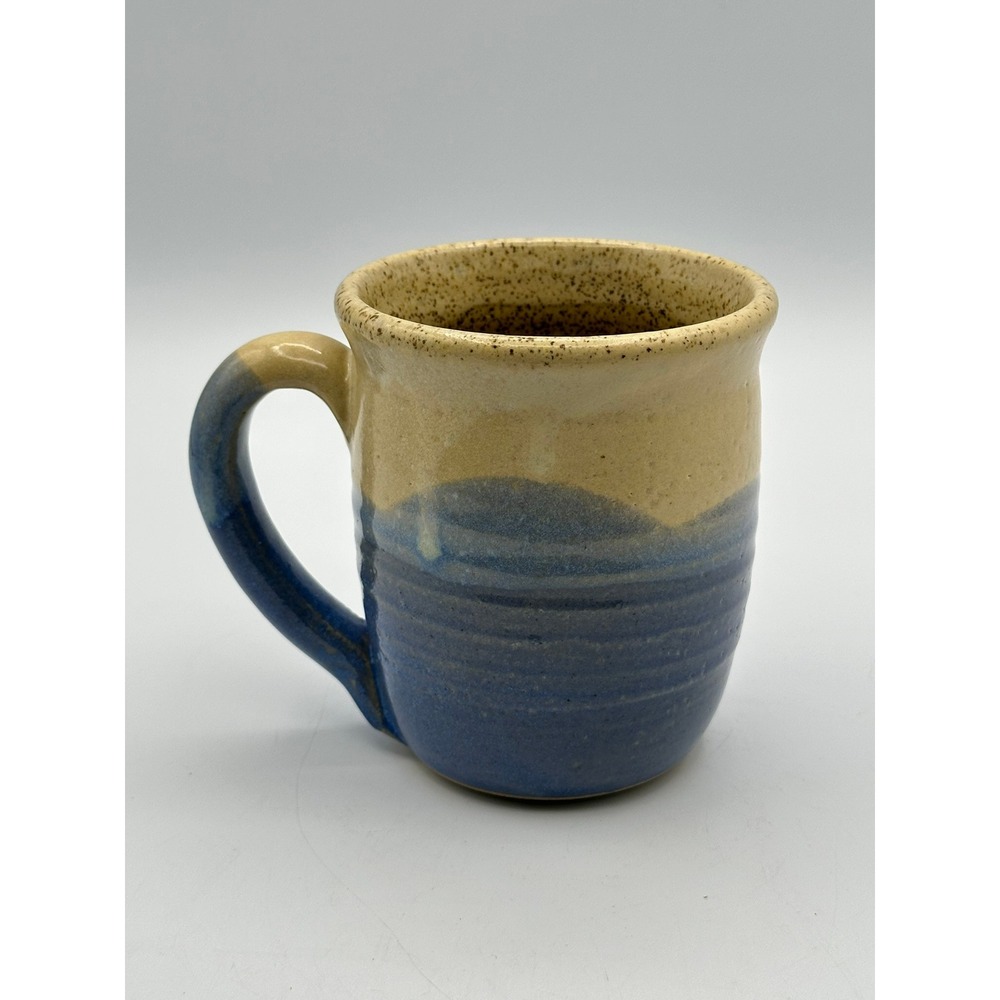 Artist Stamped JIM Studio Pottery Mug Blue Tan Speckled Glaze Stoneware